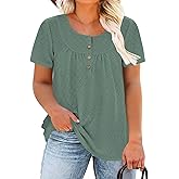 VISLILY Womens-Plus-Size-Summer-Tops Buttons Up Henley Shirts Flowy Pleated Tunics Trendy Eyelet Short Sleeve Blouses