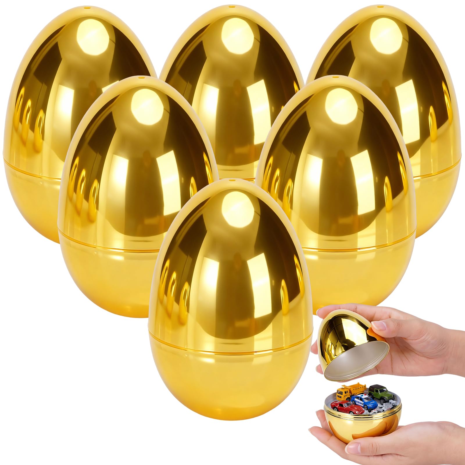 Qudoustar 6 Pack 6 Inch Jumbo Golden Easter Eggs, Metallic Giant Plastic Gold Fillable Eggs for Easter Hunt, Easter Basket Stuffers, Party Favors, Classroom Prize Supplies for Kids