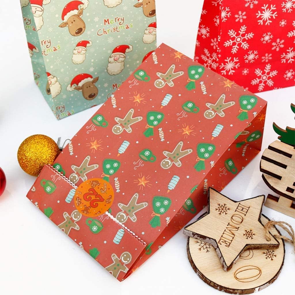 24 Pcs Christmas Kraft Paper Bags with 24 Stickers, 6 Elements Themed Design Xmas Snack Bags for Kids Party Favors - Image 4
