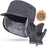 ShinyMatch Men's Warm Winter Faux Fur Lined Hat Gloves Set Trapper Hunting Hats with Earflaps Waterproof Touchscreen Gloves
