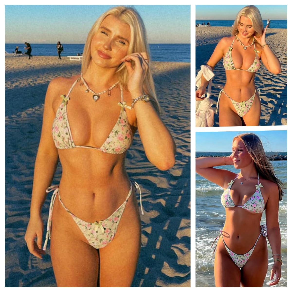 ZAFUL Women's Sexy Halter Bikini Sets Bow Decor Tiny Floral Print Bikini Swimsuits Tie Side Triangle Bathing Suits(1-Light Green,S) - Image 2