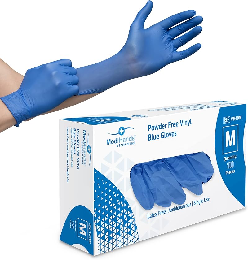 Farla MediHands Blue Medium Vinyl Gloves Box of 100 Powder Free Latex Free
