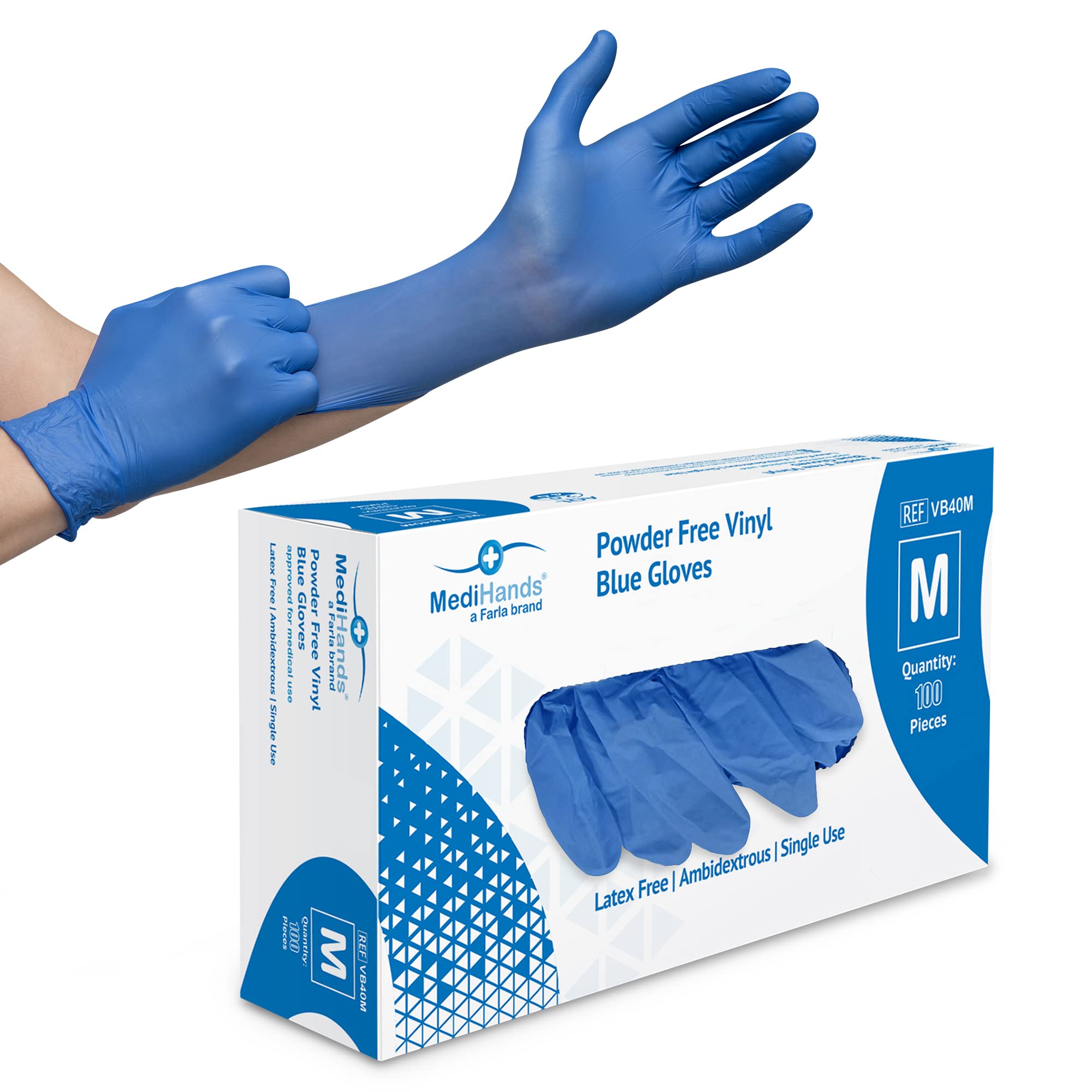Farla MediHands Blue Medium Vinyl Gloves - Box of 100 Disposable Vinyl Medical Glove - Powder, Latex, & Protein Free Glove - Multi-Purpose, Single Use Surgical Gloves