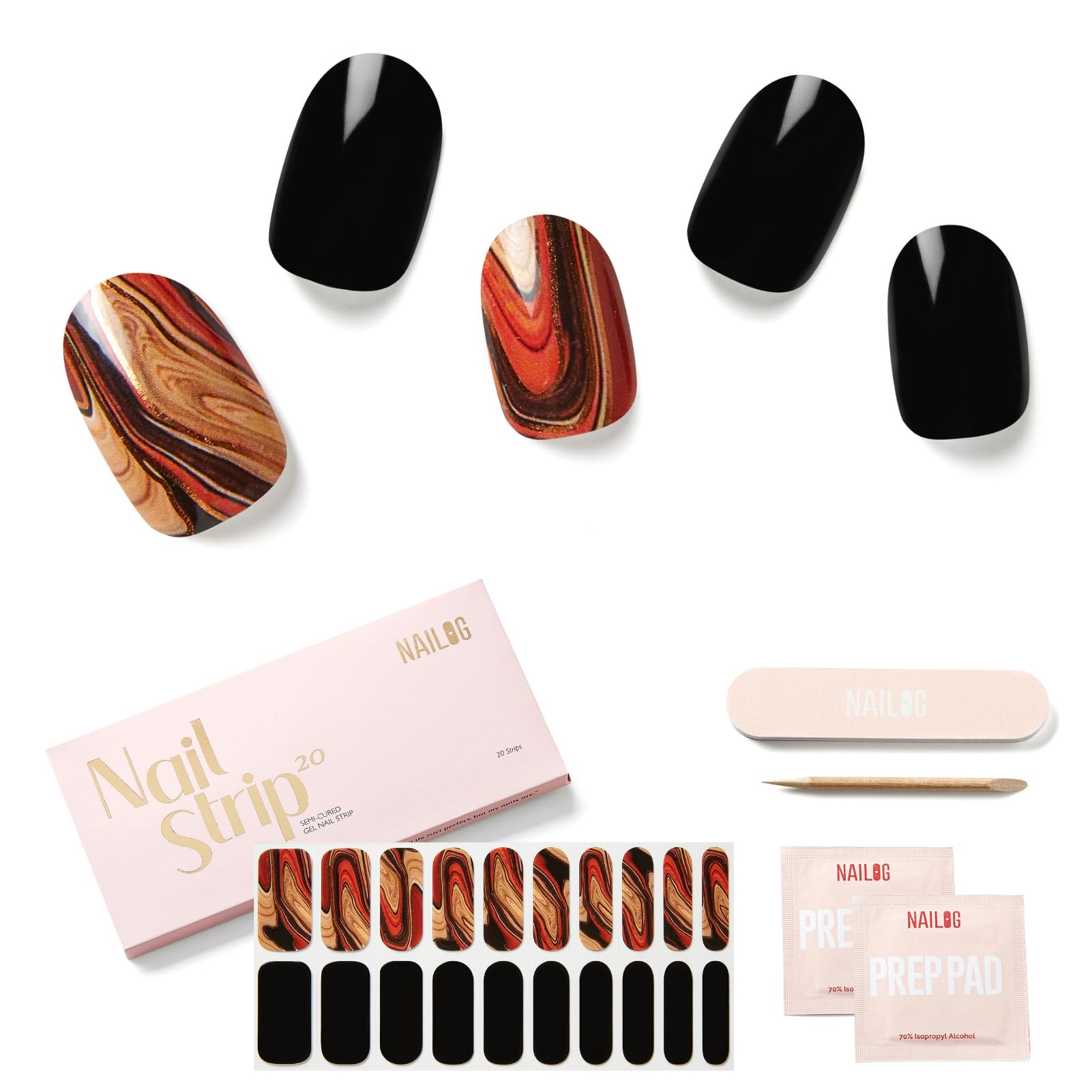 NAILOG Semi Cured Gel Nail Strips - Glossy & Long Lasting Soft Gel Finish (20 Extra Long Nail Stickers) | Wraps, Magma — image 1