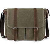 Vintage Genuine Leather Waxed Canvas Briefcase Large Satchel Shoulder Bag Rugged Computer 15.6" Laptop Bag