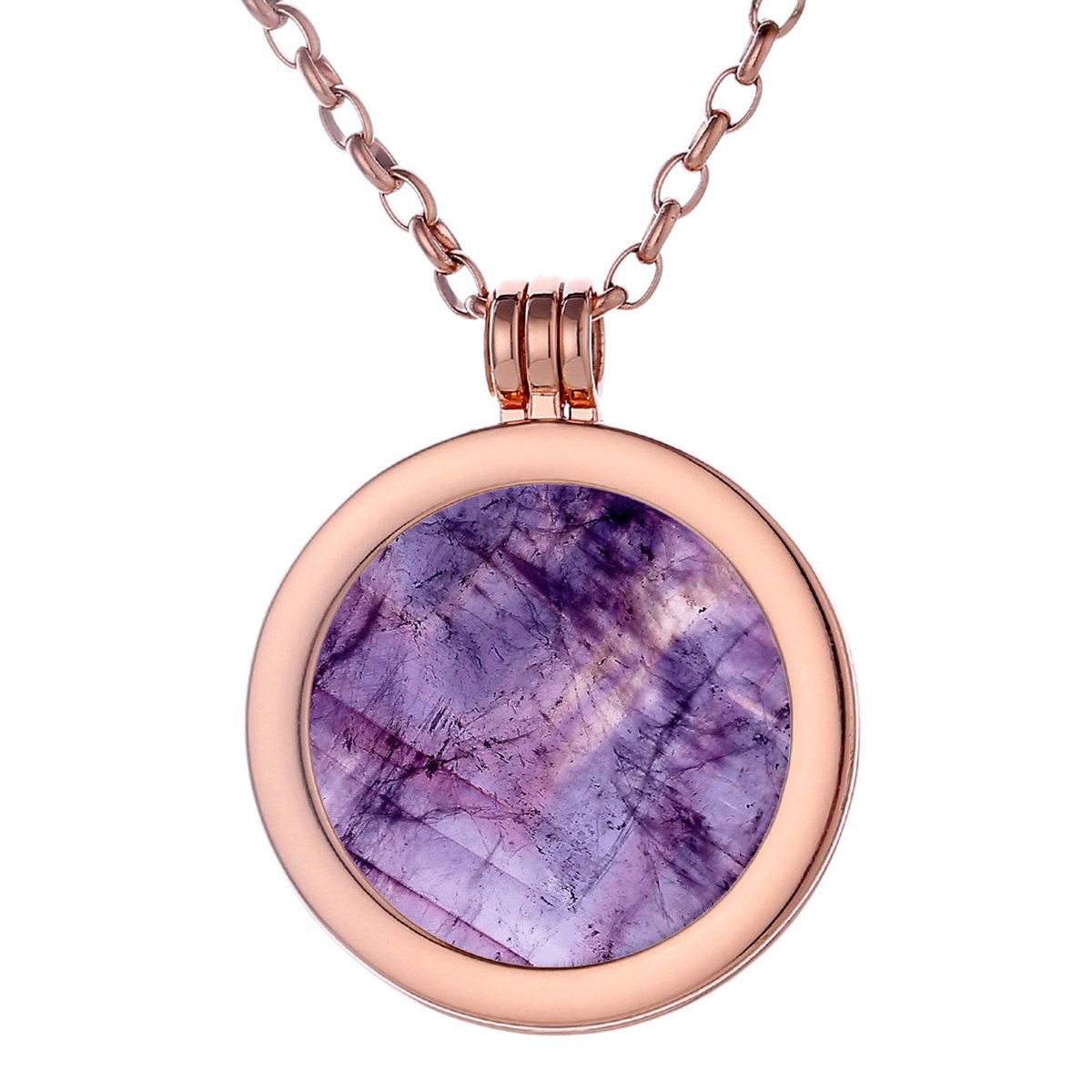 Morella Women Necklace 70 cm 27.5" Stainless Steel Rose Gold and Pendant with Gemstone Amethyst Coin 33 mm 1.3" Chakra Plate in Velvet Bag
