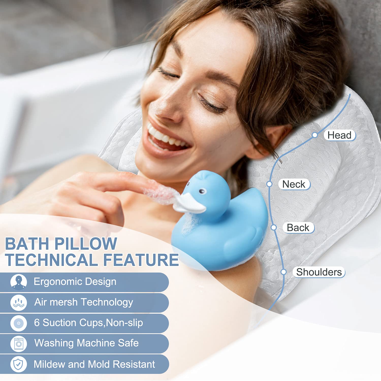 Bath Pillow for Tub, Powsure Luxury Bathtub Spa Pillow for Head, Neck, Shoulder and Back Support, 4D Air Mesh & Soft Bath Tub Pillows with 6 Non-slip Suction Cups, Fits all Bathtub and Home Spa : Beauty