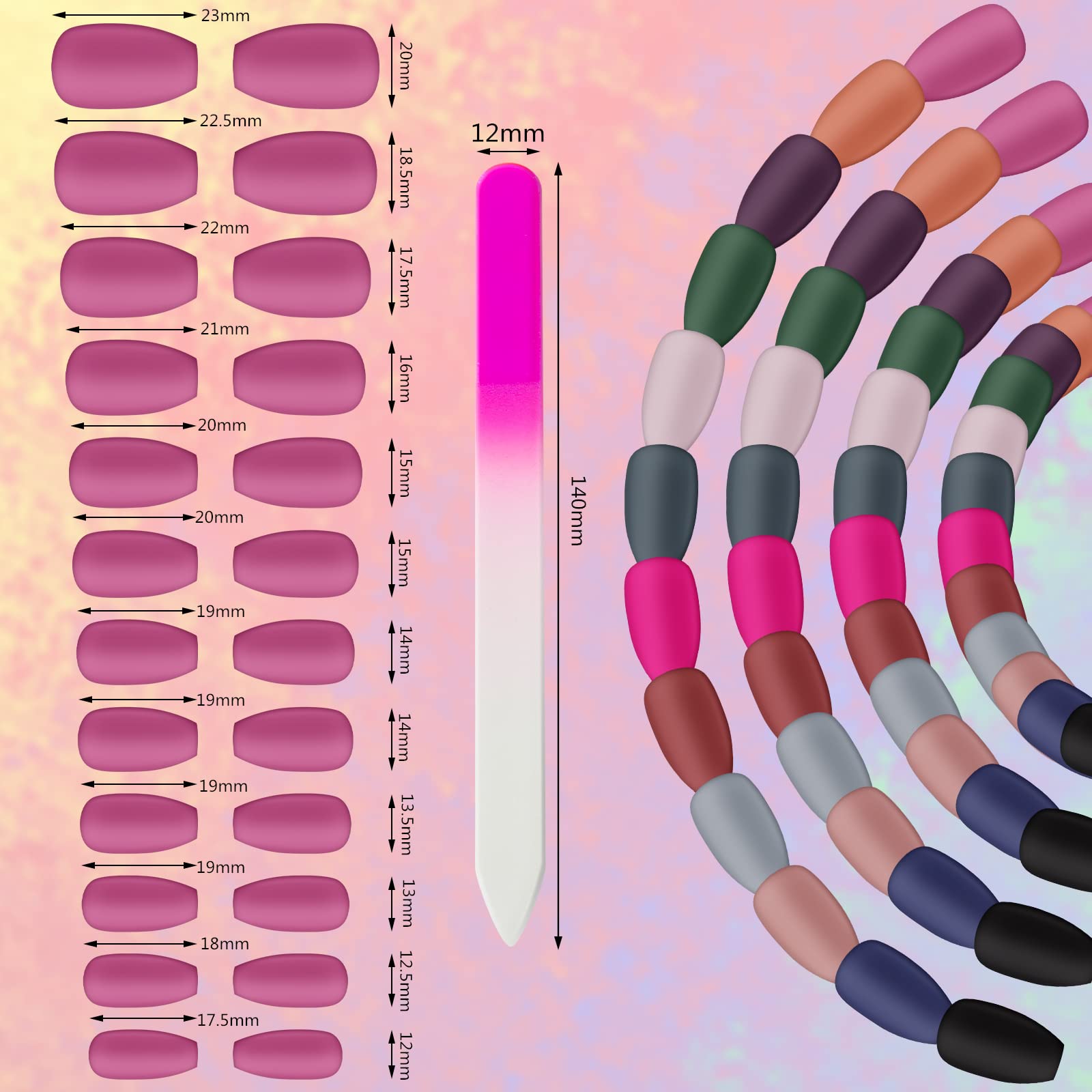 editTime 12 sets/288pcs Solid Colors Matte Acrylic Ballerina Coffin False Nails Full Cover Fake Nails Tips Natural Medium False Nail with a Crystal Nail File (Matte Ballerina) - Image 2