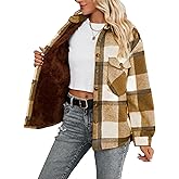 FindThy Women's Warm Sherpa Lined Fleece Plaid Flannel Shirt Jacket Button Down Fuzzy Shacket