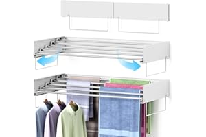 KEEPWATERS Wall Mounted Drying Rack, Laundry Clothes Drying Rack Foldable, Collapsible Hanger Clothing Wall Mount with 2 Towel Handles and Wall Template for Indoor Outdoor Hanging Clothes, 5 Rods, 31.5 Inch