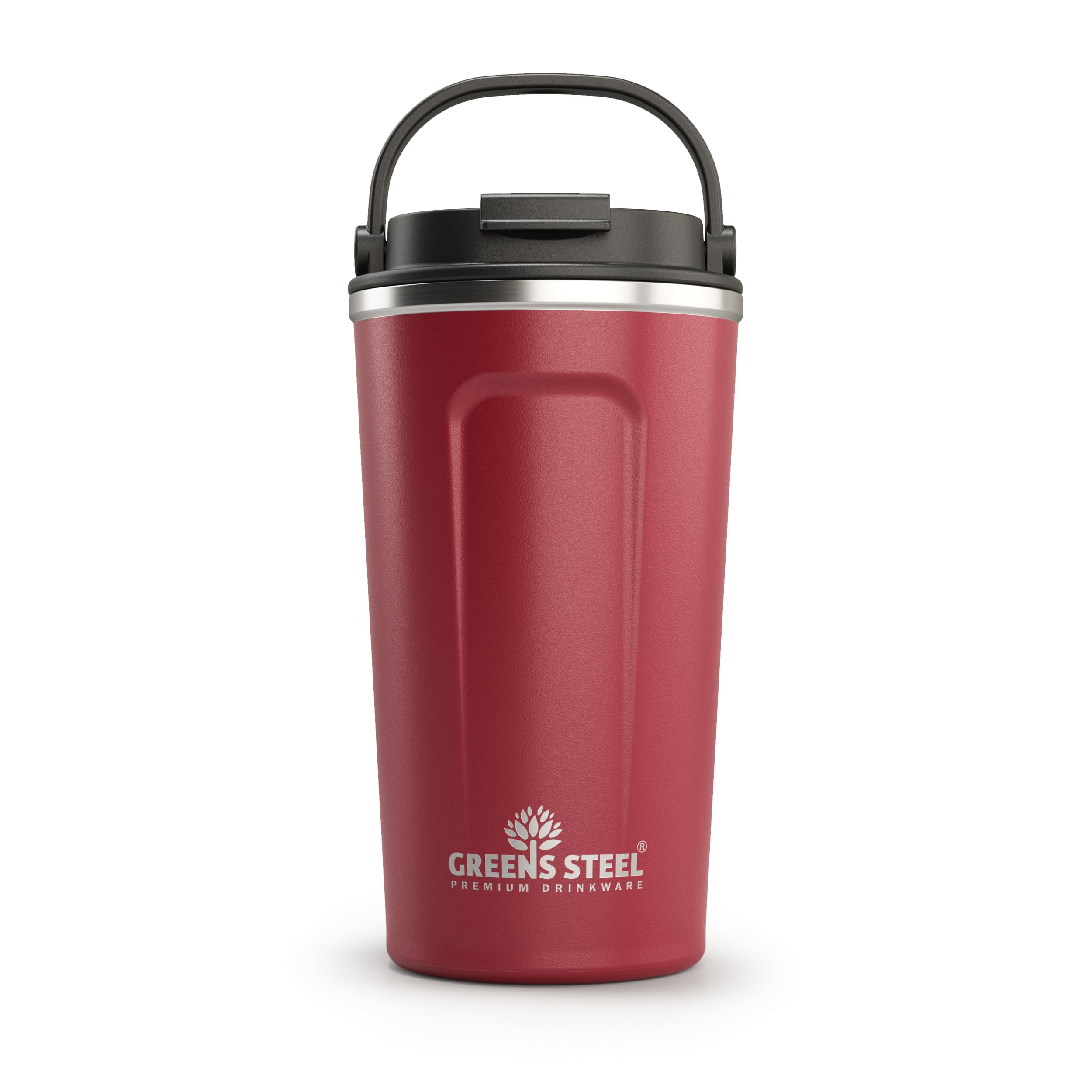 Greens Steel Reusable Coffee Cup - 480 ml (16 oz) Red | Travel Mug with Lid & Handle | Stainless Steel Insulated Flask for Hot & Cold Drinks | Leak Proof Tumbler for Tea, Coffee, Iced Drinks