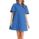 Meyhad Womens Short Sleeve Button Down Mini Shirt Dress Lapel Collar Short Dresses with Pocket