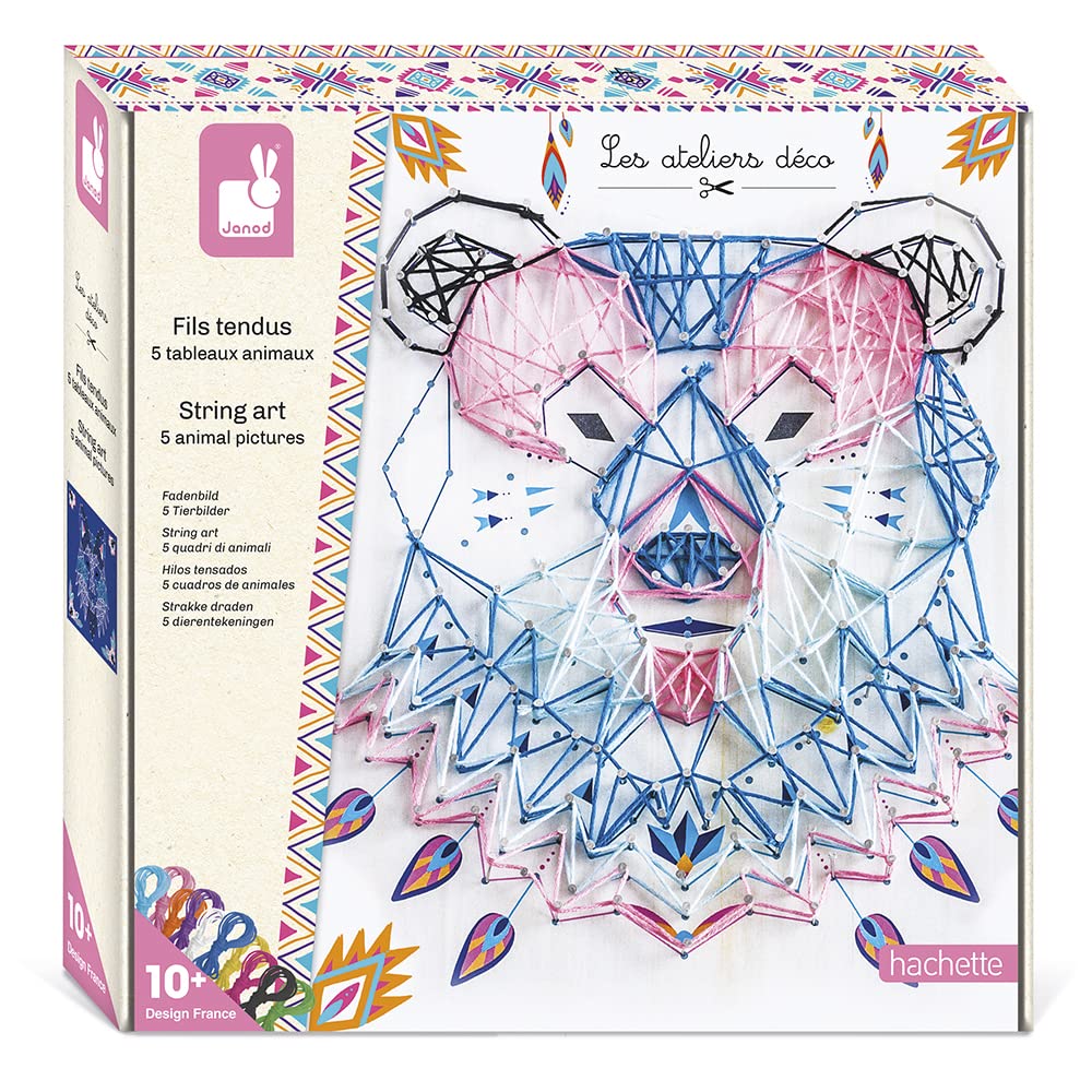 Janod - Animal String Art Box - Decoration Workshops - Children's Creative Leisure Kit - 5 Paintings to Create - Fine Motor Skills and Concentration - from 10 Years Old, J07912