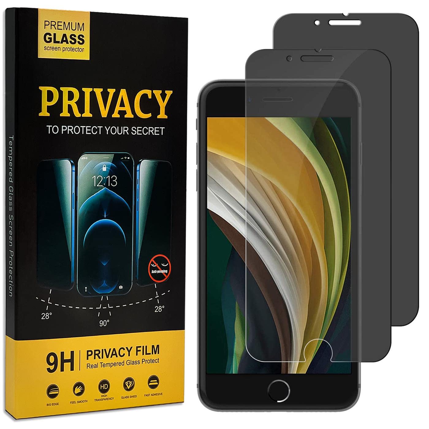 Verco Full Screen Privacy Tempered Glass Screen Protector for iPhone SE 2020 2022, iPhone SE 2nd / 3rd Generation Armored Protection Glass Film Anti-Spy, 2 Pack