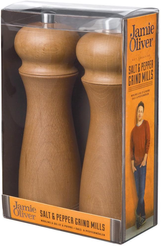 Jamie Oliver Cookware Range Salt and Pepper Mill Gift Set, Beech Wood/Natural, Set of 2