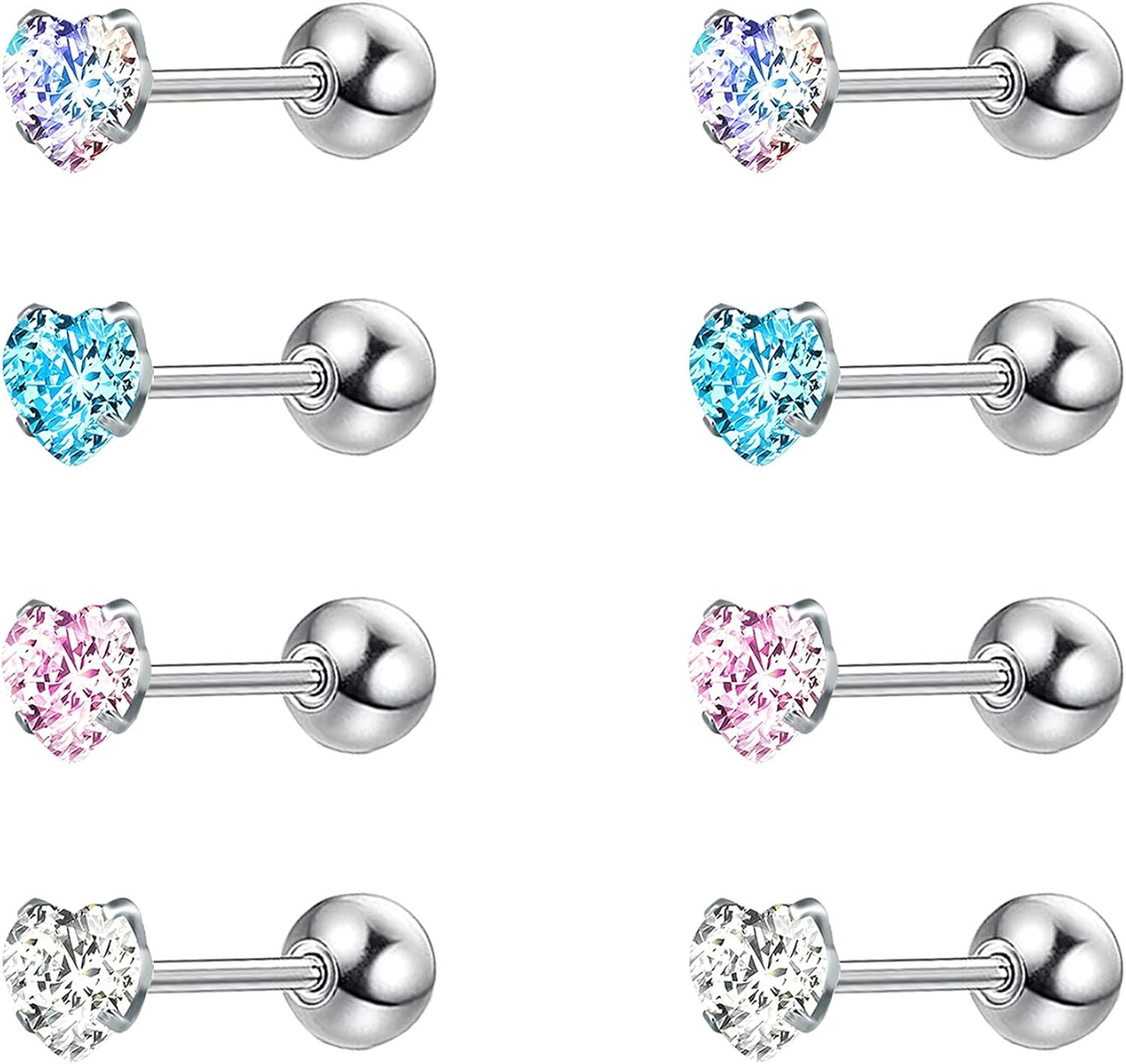 4 Pairs Shiny Cubic Zirconia Surgical Steel Stud Earrings Set for Girls