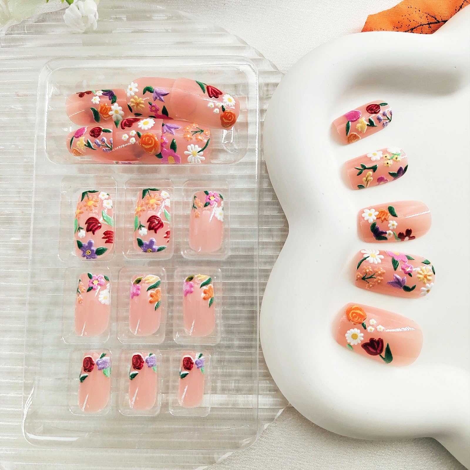Flower Press on Nails Medium Cute Colorful 3D Flowers Fake Nails Square Acrylic Nails Press ons Colorful Floral Full Cover Glossy Spring and Summer Stick Glue on Nails for Women Girls 24 Pcs - Image 4