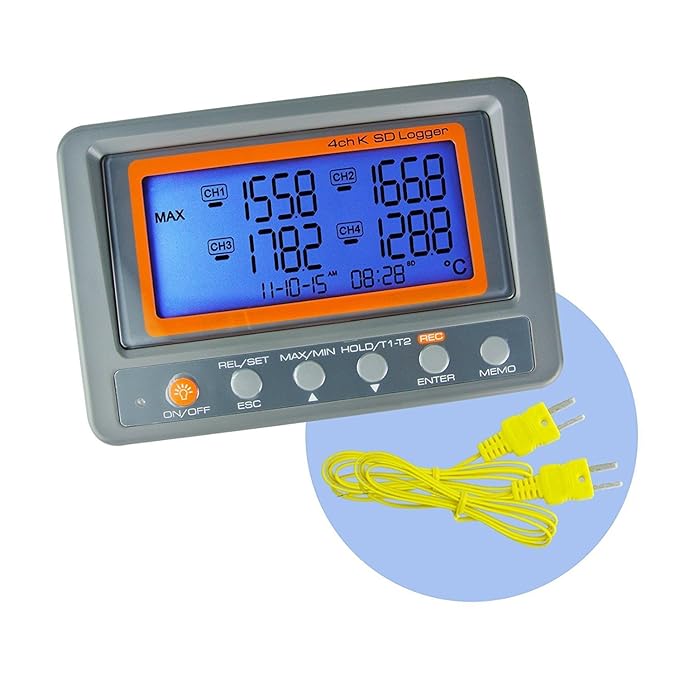4 Kanal K Typ Thermometer SD-Karte Datalogger Thermoelementtemperatur mit Piepser und LED-Alarm + 2 K-Thermoelement-Sonde