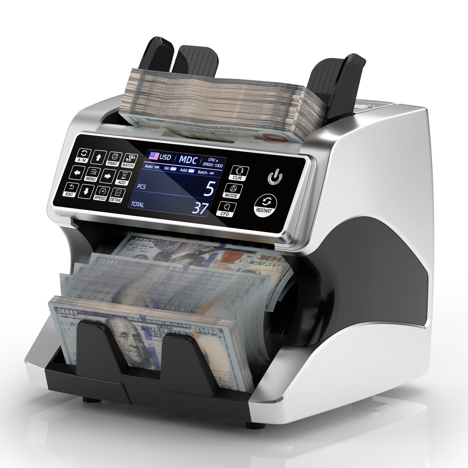 Photo 1 of MUNBYN IMC01 Bank Grade Money Counter Machine Mixed Denomination, 2CIS/UV/IR/MG/MT Counterfeit Detection, Serial Number, MUL Currency Cash Counter, Printer Compatible Bill Value Counter (Silver)