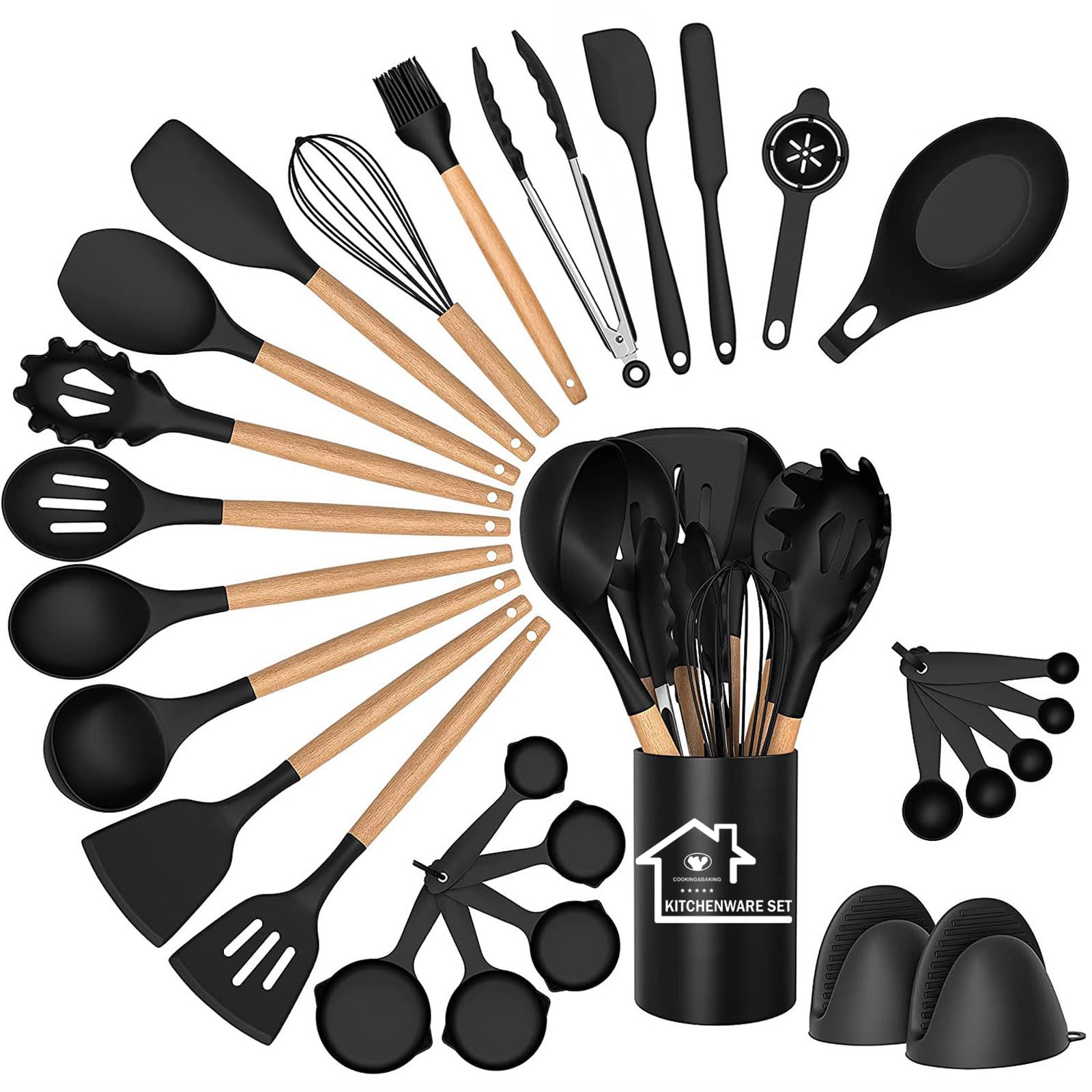 UXIYI Silicone Kitchen Utensils Set, 28pcs Kitchen Silicone Utensils Set, Kitchen Accessories for Nonstick Heat Resistant Utensil Set, Kitchen Tools & Gadgets, Black