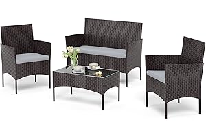 Sophia & William 4 Pieces Rattan Patio Conversation Set, Sectional All Weather Outdoor Patio Furniture Set with Loveseat, Patio Tempered Glass Coffee Table and Rattan Chairs for Porch Balcony Outside