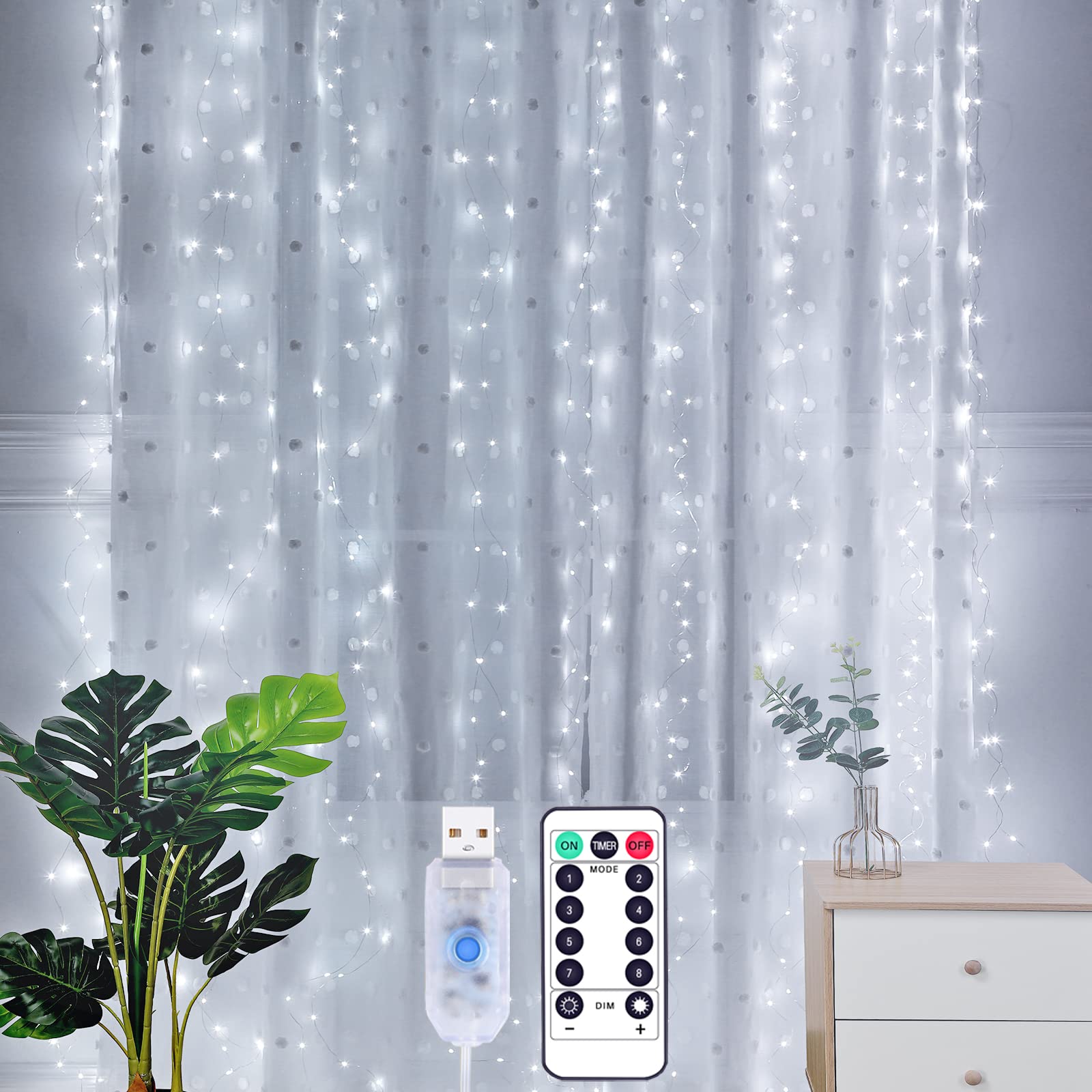 Yizhet Curtain Lights 2m x 2m, 200 LED Curtain Fairy Lights 8 Modes, Cool White, USB Powered with Remote Control & Timer, IP65 Waterproof for Christmas Wedding Party