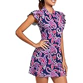 Soneven Tennis Dress for Women Floral Ruffle Sleeve Golf Dresses with Shorts and Pockets 1/4 Zip Golf Outfits