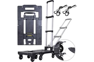 FUVLFAL Upgraded 600LB Heavy Duty Folding Hand Truck Dolly, Light Weight Utility Dolly Platform Cart with 7 Wheels, Brakes, Handle Lock, and 2 Elastic Ropes for Luggage, Moving, Shopping Use