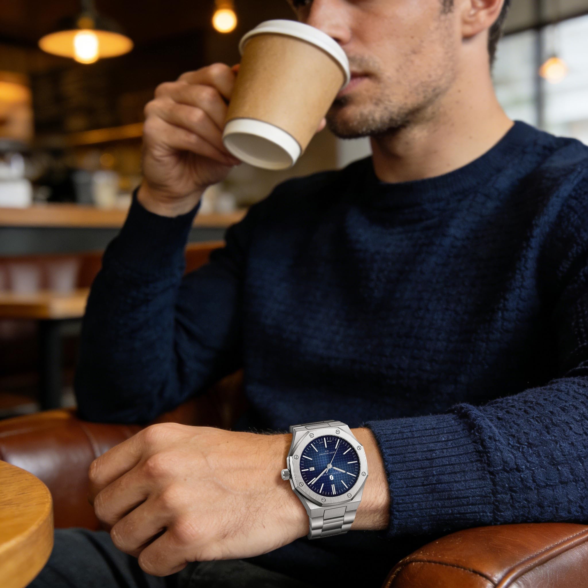 SAPPHERO Uhren Herren 30M wasserdichte Armbanduhr Herren Edelstahl Achteckig Herrenuhr Silber Quarz Japanische Uhrwerke Business Casual Leuchtende Uhr mit Date 5