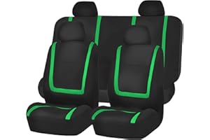 FH Group Automotive Seat Covers Unique Flat Cloth Green Full Set, Combo Steering Wheel Cover and Seat Belt Pads Rear Solid Bench Universal Fit for Vans Cars Trucks and SUV Interior Accessories