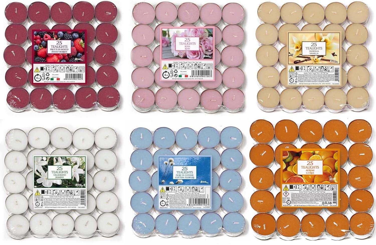 Price's Petali Brand 150 Tea Lights Candles Scented Tealights- 25 x 6 Scents Mixed Pack - Cotton Flowers, Mixed Berries, Citrus, Rose, Lavender & Cinnamon