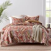 ENASAL Cotton Bedspread Quilt Sets Reversible Bedding Coverlet Sets Comforter, Floral Paisley Bedspread (Red, Queen Size)