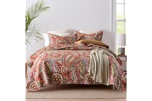 ENASAL Cotton Bedspread Quilt Sets Reversible Bedding Coverlet Sets Comforter, Floral Paisley Bedspread (Red, Queen Size)
