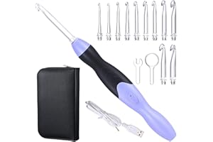 Chuangdi 11 Sizes Winter Lighted Crochet Hooks Set Rechargeable Crochet Hook Light up Hooks with Case, Interchangeable Heads 2.5 mm to 8 mm for DIY Craft Supplies(Purple-Black)