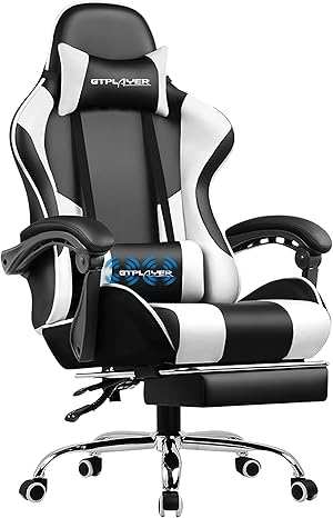 GTPLAYER Gaming Stuhl Bürostuhl Massage Gaming Sessel Ergonomischer Gamer Stuhl mit Fußstütze, Massage-Lendenkissen, Gepolstert Gaming Chair, Drehsessel, 150KG, weiß