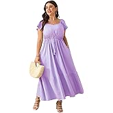 ShopWonder Women Plus Size Boho Maxi Dress Short Sleeves High Waist Ruffle Casual Summer Dress with Pockets