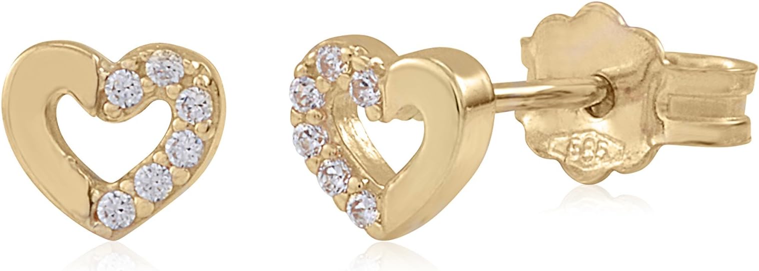 14K Gold Children's Kids Baby Tiny Post Stud Earrings Half Polished Half Simulated Diamonds Italy