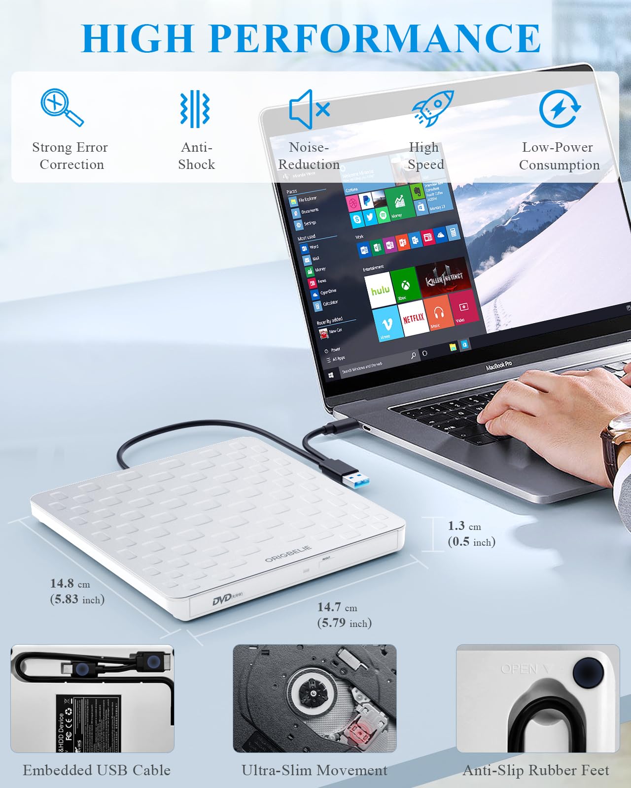 External CD/DVD Drive for Laptop, Ultra Slim 13mm USB 3.0 Type-C Portable DVD Player CD Burner Reader Writer Recorder for Desktop PC Windows 11/10/8/7 Linux Mac OS, White