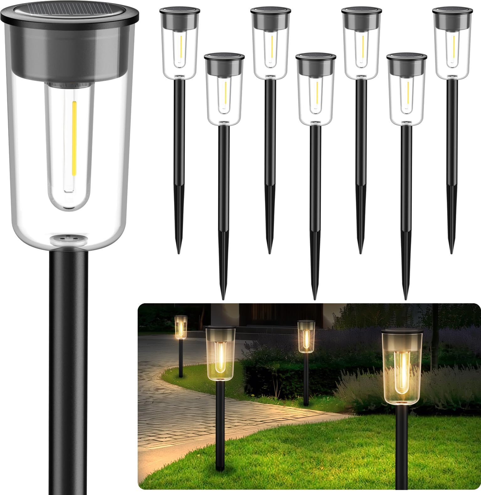 Photo 1 of VISFLAIR 8 Pack Solar Pathway Lights, Solar Lights Outdoor Waterproof Garden Stake for Outside Yard Landscape Path Walkway Driveway Lawn Decor