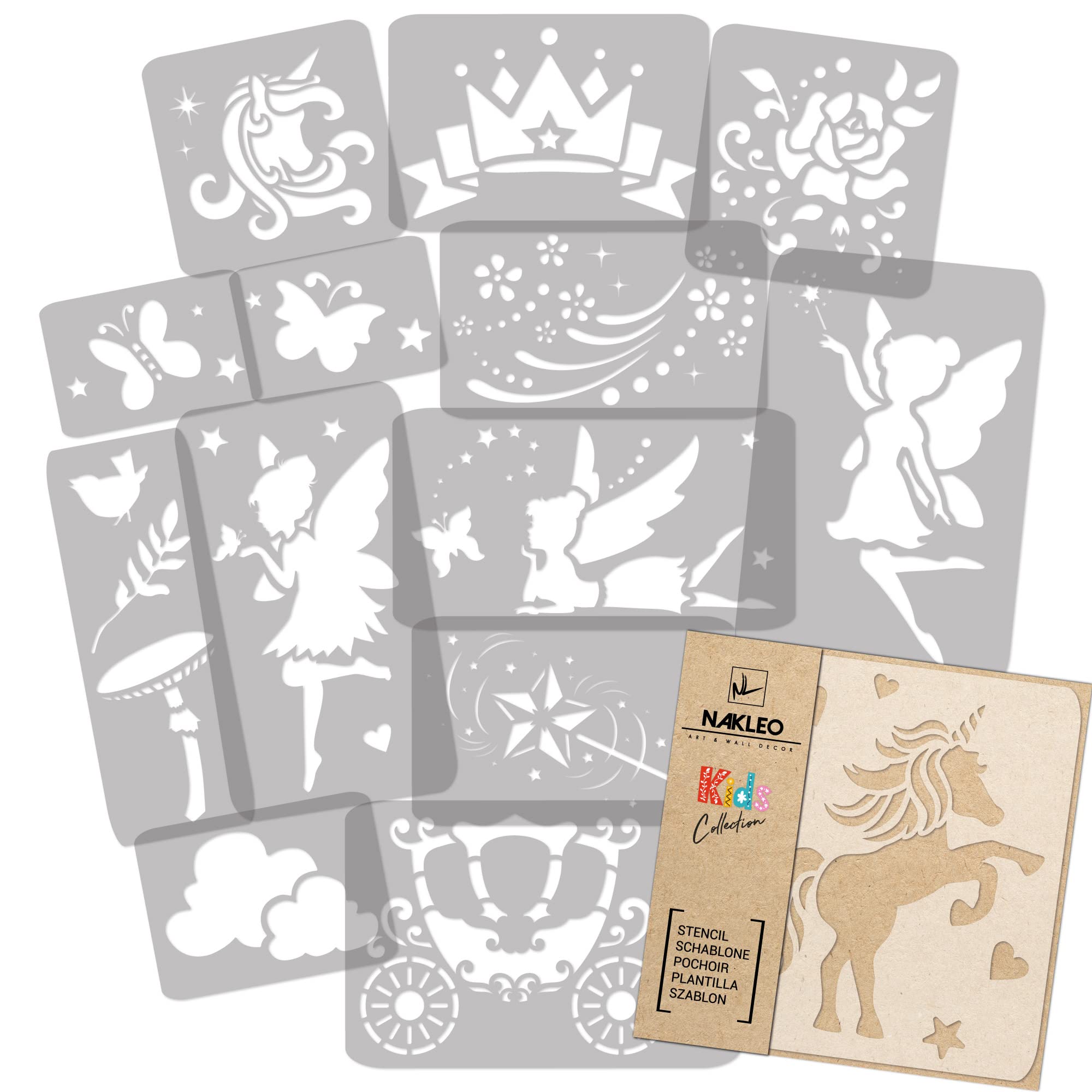 NAKLEO Painting Stencils Set for Kids, 14 Pcs Templates 9x12 to 23x34cm Magic Fairy, Plastic and Reusable Drawing Stencils, Children Room Decor, Craft DIY Wall Furniture — image 1