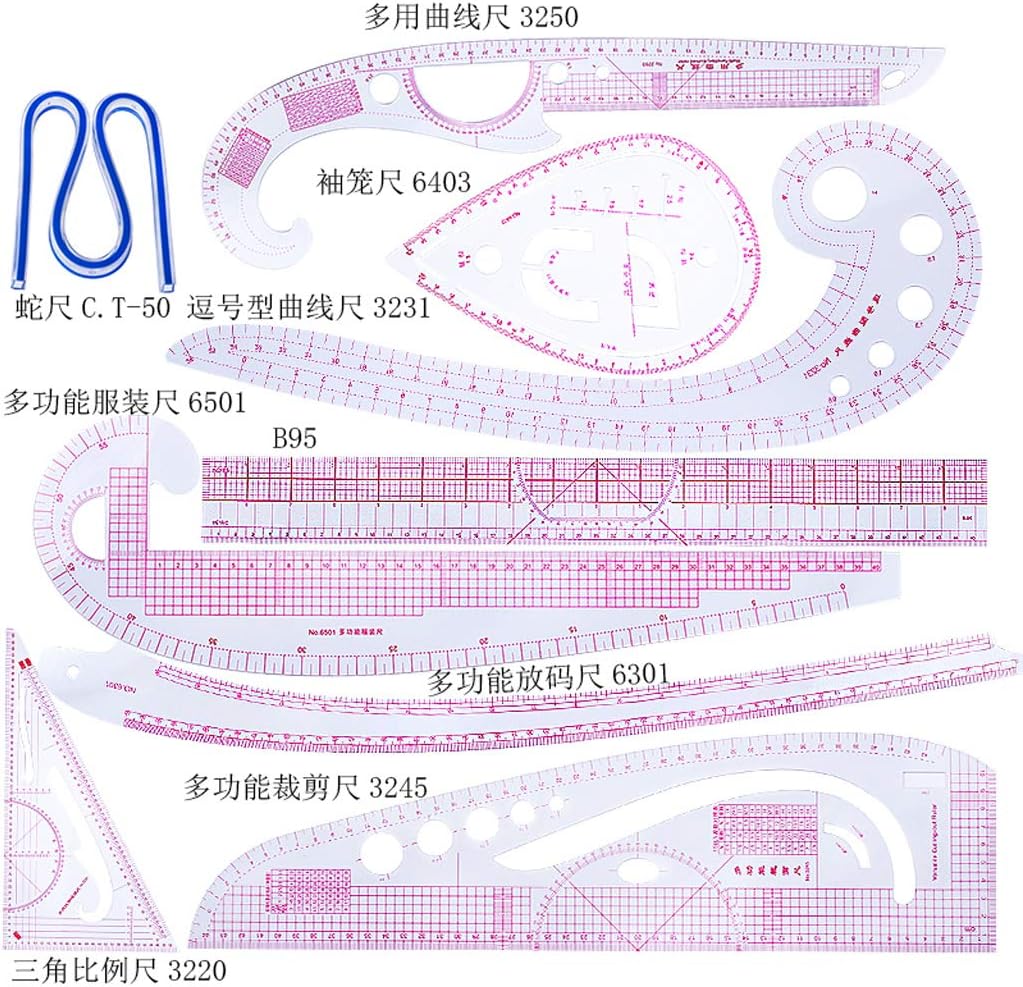 Kimruida 9pcs Practical Sewing French Curve Cutting Ruler Measure Dressmaking Tailor Drawing Craft Tools Set