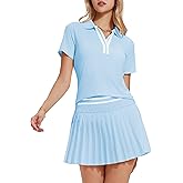 Tennis Skirt Set for Women Color Block V Neck Golf Pickleball Outfits Pleated Athletic Two Piece Skirts Sets