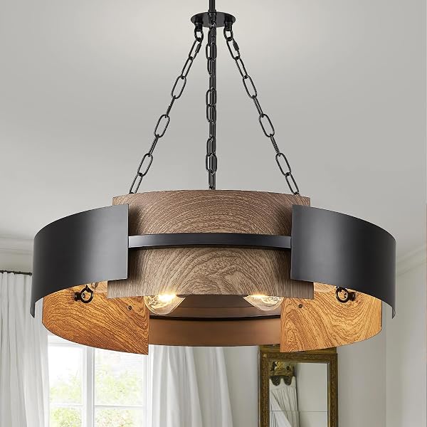 MODERN CHANDELIER 24″ INDUSTRIAL DRUM LIGHT FIXTURE BLACK METAL 6-LIGHT HANGING CHANDELIER WALNUT WOOD GRAIN FOR LIVING DINING ROOM FOYER ENTRYWAY KITCHEN