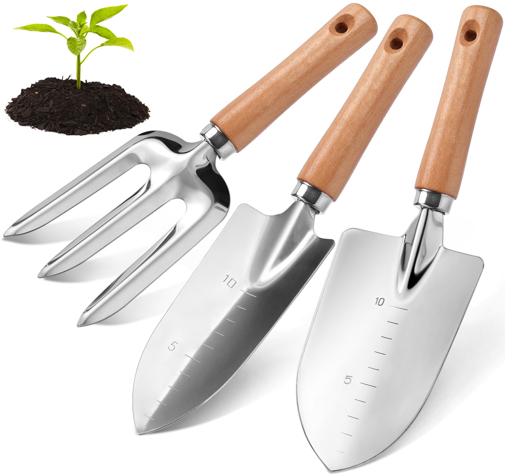 Garden Tool Set with Wood Handle, Aluminum Graduated Shovel, Hand Fork, Transplant Shovel with Scale, 3Pcs Heavy Duty Hand Tools Set for Garden Planting