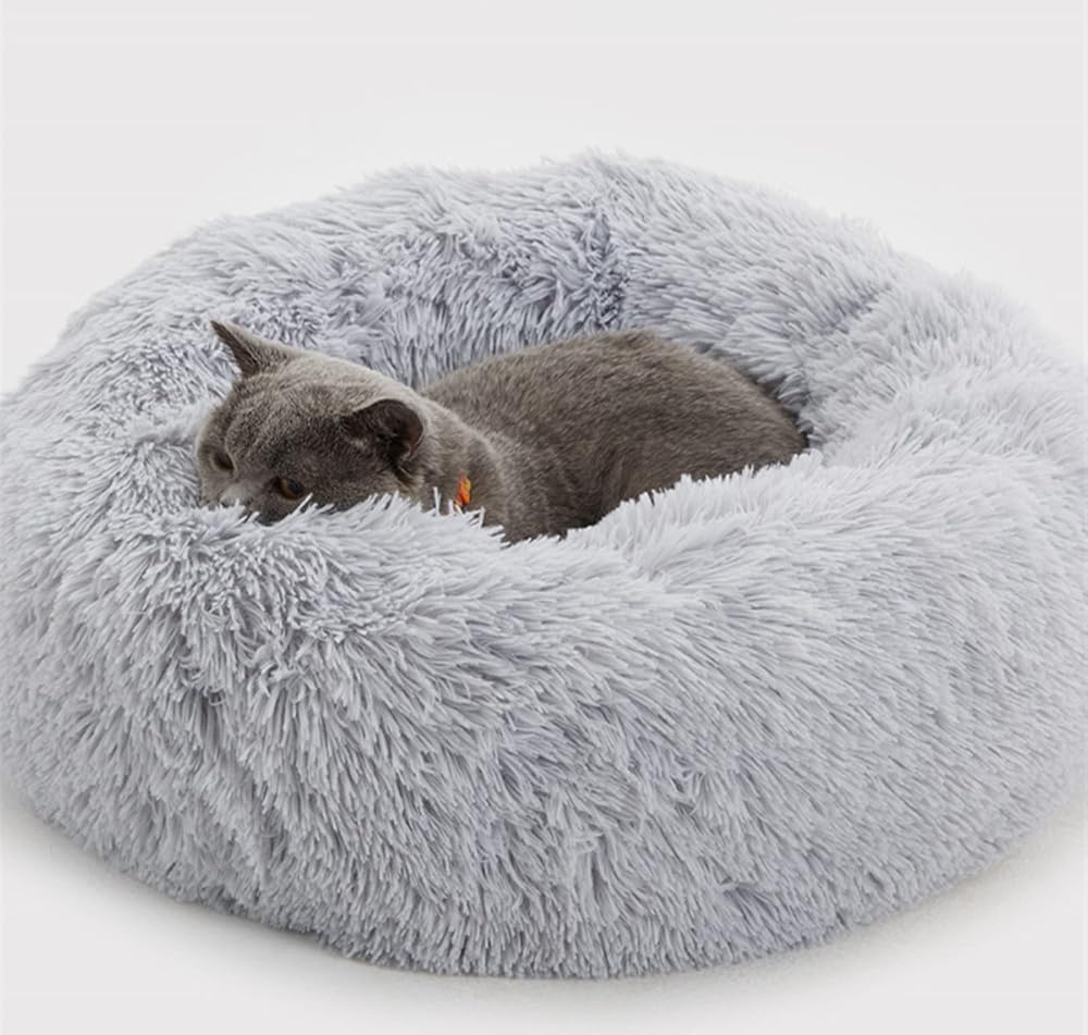 Enjamoy Plush Donut Dog Bed Grey 50cm Calming Round Pet Cushion Self-Warming