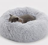 Enjamoy Plush Donut Dog Bed Grey 50cm Calming Round Pet Cushion Self-Warming