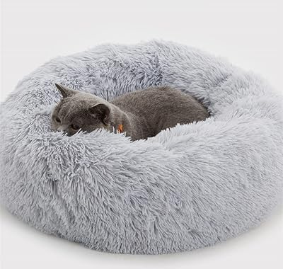 Enjamoy Plush Donut Dog Bed Grey 50cm Calming Round Pet Cushion Self-Warming