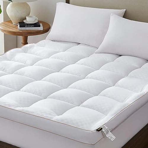FineMay Mattress Topper King, Extra Thick Cooling Mattress Pad Cover for Back Pain, Breathable Mattress with 8-21" Deep Pocket, 5D Snow Down Alternative Overfilled Plush Pillow 78"x80" Cream