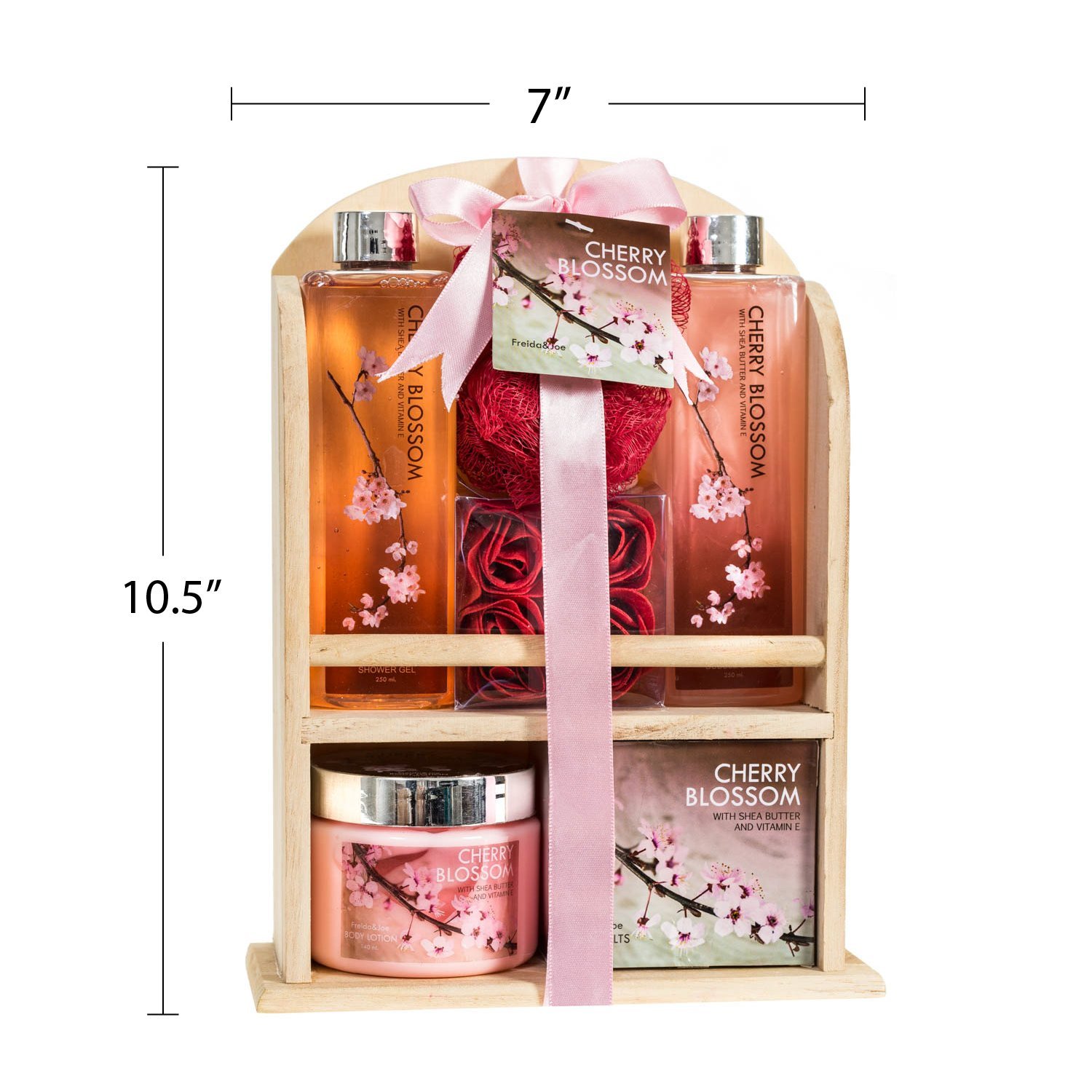 Home Spa Gift Basket - Deluxe Cherry Blossom Fragrance - Luxury Bath & Body Set For Women - Contains Shower Gel, Bubble Bath, Bath Salts, Body Lotion, Bath Puff, Pink Bath Rose Soaps in Wooden Curio : Beauty