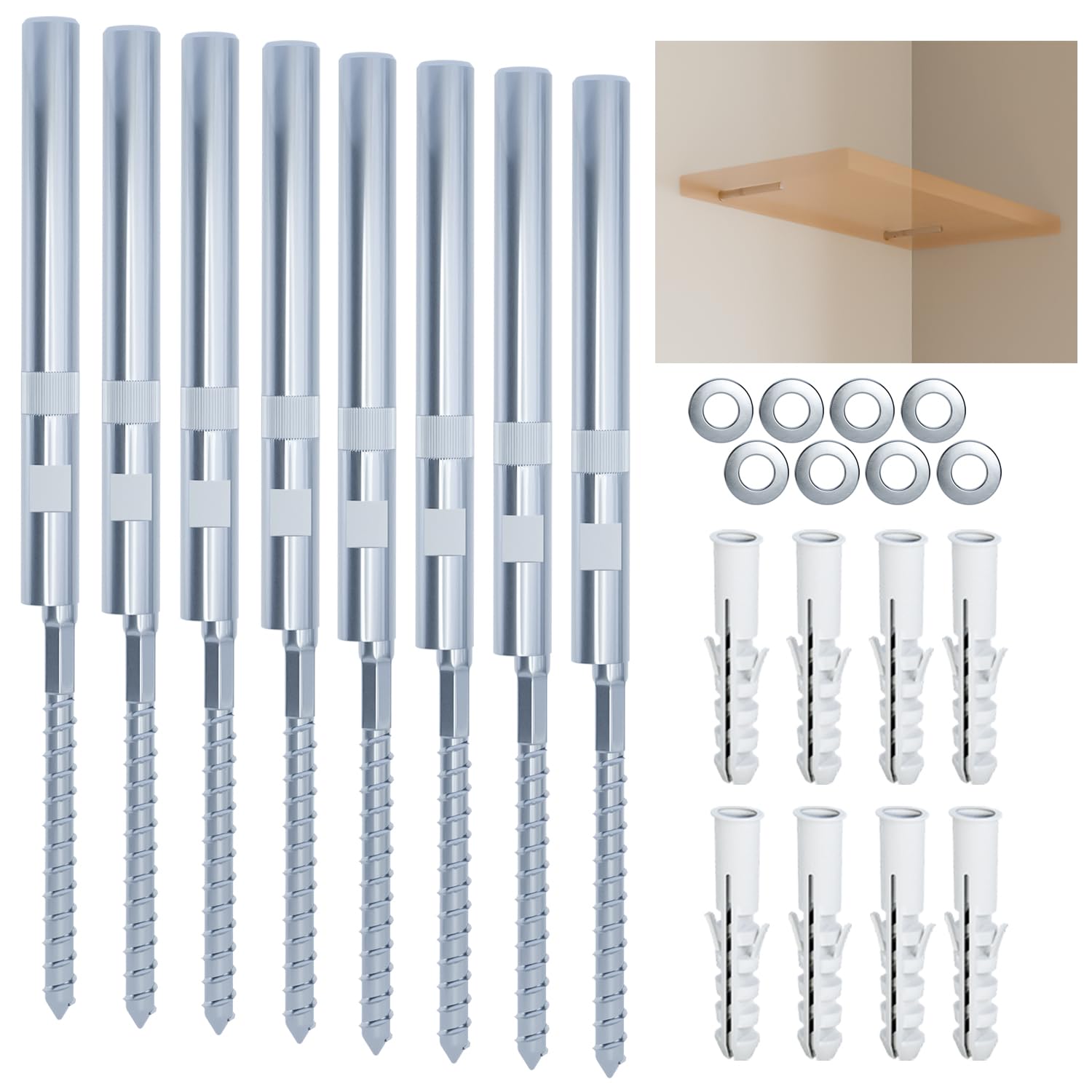 BATODA Floating Shelf Bracket (8 pcs Hardened) - Blind Shelf Supports - Hidden Brackets for Floating Wood Shelves – Great Invisible Support for Thin Shelf – Screws and Wall Plugs Included